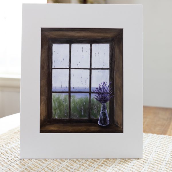 Print - vase of lavender against rain drop window