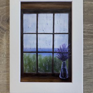 Lavender and a rainy day with water drops on window